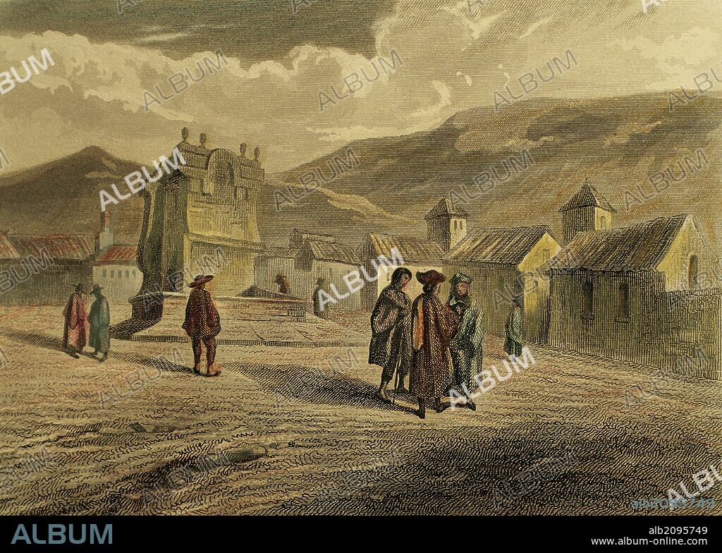 COLOMBIA. SIGLO XVII. SANTA FE DE BOGOTA. Ciudad fundada por Gonzalo Jiménez de Quesada el 6 de agosto de 1538, quien denominó a todos los territorios que rodeaban Santa Fe como el "Nuevo Reino de Granada". El emperador Carlos V elevó Santa Fe a la categoría de ciudad en el año 1540. Grabado del año 1850.