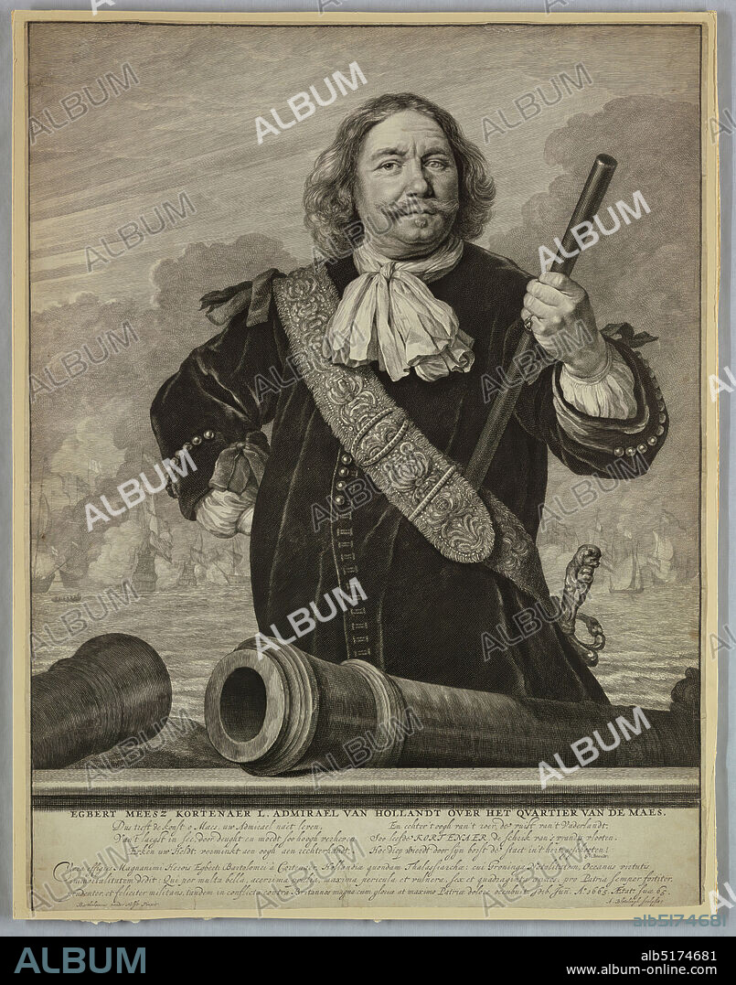 Portrait of Admiral Egbert Meesz Kortenaer, Abraham Blooteling, Dutch, 16401690, Bartholomeus van der Helst, Dutch, 16131670, Engraving on paper, Man with right hand on hip, left hand holding an eyepiece, standing behind two cannons; harbor with ships in background., Netherlands, 1665, Print, Print.