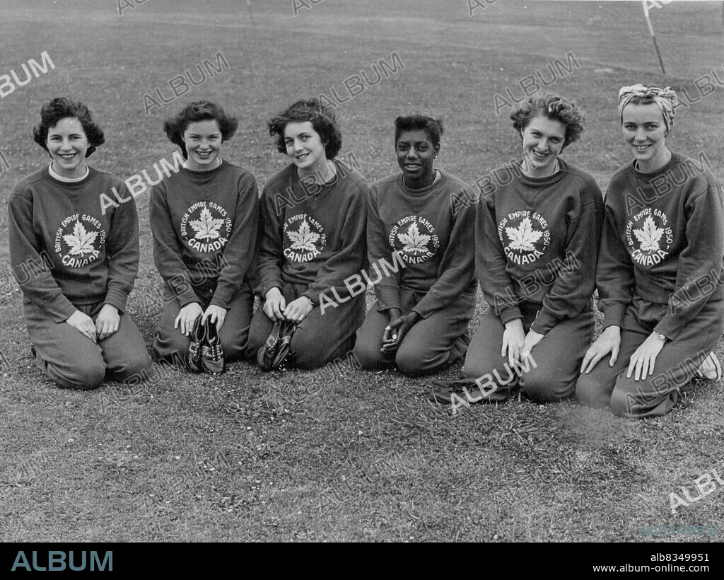 Six of the girls in their track suits. Left to Right are Elaine Silburn, Gerry Bemister, Pat Jones, Rosella Thorne, Eleanor McKenzie and Shirley Gordon.Canadian girl Athletes in track training at Auckland. The Canadians were the first team to arrive in NZ for the Empire Games, which will be held from February 4 to 11. From left the girls are Eaine Silburn, Gerry Bernister, Pat Jones, Rosella Thorne, Eleanor McKenzie and Shirley Gordon. January 19, 1950.