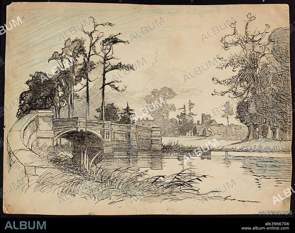 Cranford Park Bridge, Hillingdon, London, 1892-1933. Bridge over the River Crane, with St Dunstan's Church in the background.