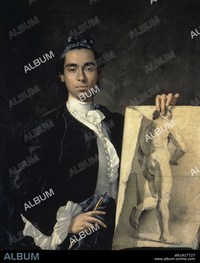 LUIS MELÉNDEZ. Portrait Of The Artist Holding A Life Study 18th Century Luis Egidio Meléndez (1716-1780 Spanish) Musee du Louvre, Paris, France.