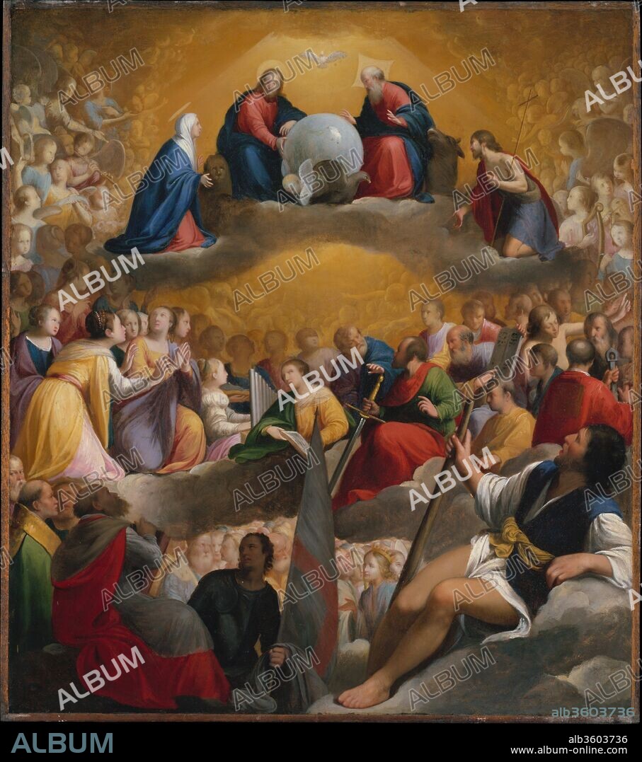 Paradise. Artist: Carlo Saraceni (Italian, Venetian, 1579?-1620). Dimensions: Overall 21 3/8 x 18 7/8 in. (54.3 x 47.9 cm); painted surface 20 7/8 x 18 3/8 in. (53 x 46.7 cm). Date: ca. 1598.
In this scene, representing Paradise, Christ and God the Father are above, surrounded by the symbols of the Evangelists and flanked by the Virgin and Saint John the Baptist. The foreground figures represent (left) the Doctors of the Church, (center) Saint George and (right) Saint Christopher. It is likely that the man looking out from bottom left may be a portrait of the original (unidentified) patron. Saraceni left Venice for Rome in 1598, and this picture, which is based on an altarpiece by Francesco Bassano in the church of the Gesù, was painted about this time.