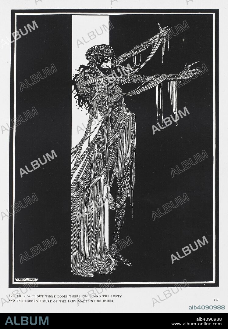 EDGAR ALLAN POE y HARRY CLARKE. But then without those doors there did stand the lofty and enshrouded figure of the Lady Madeline of Usher. From the story The Fall of the House of Usher. Tales of Mystery and Imagination ... Illustrated by Harry Clarke. G. G. Harrap & Co.: London, 1919. Source: 12703.i.43, opposite 70. Language: English.