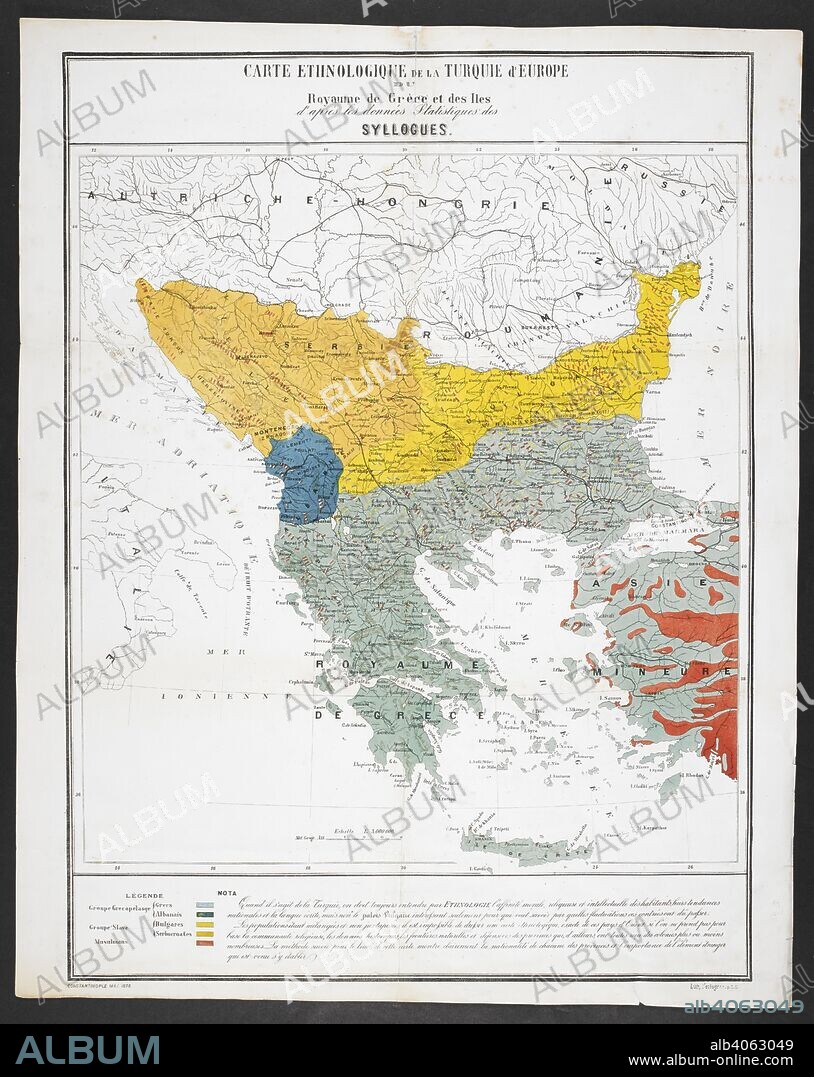 An ethnographic map of Turkey in Europe, the Kingdom of Greece and the islands. The map is coloured to show the ethnicity of the inhabitants. Carte ethnologique de la Turquie d'Europe, du Royaume de GrÃ¨ce et des Iles d'aprÃ¨s les donneÃ©s statistiques des syllogues. Constantinople : [s.n.] , 1878. Source: Maps CC.5.a.384. Language: French.