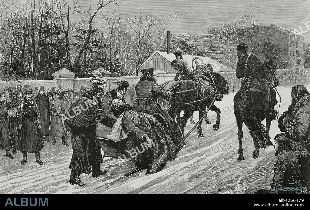 Alexander II of Russia (1818-1881). Assassination of the Tsar by a bomb thrown by Ignati Grinevitski. Alexander II was taken to the sled to the Winter Palace, bleeding to death. Russia. St. Petersburg. Driving of Tsar Alexander II of Russia in the sledge of Colonel Dvorjetsky, chief of police, on the afternoon of March 13, 1881. Engraving by Tormas Carlos Capuz (1834-1899). La Ilustracion Espa–ola y Americana, 1881.