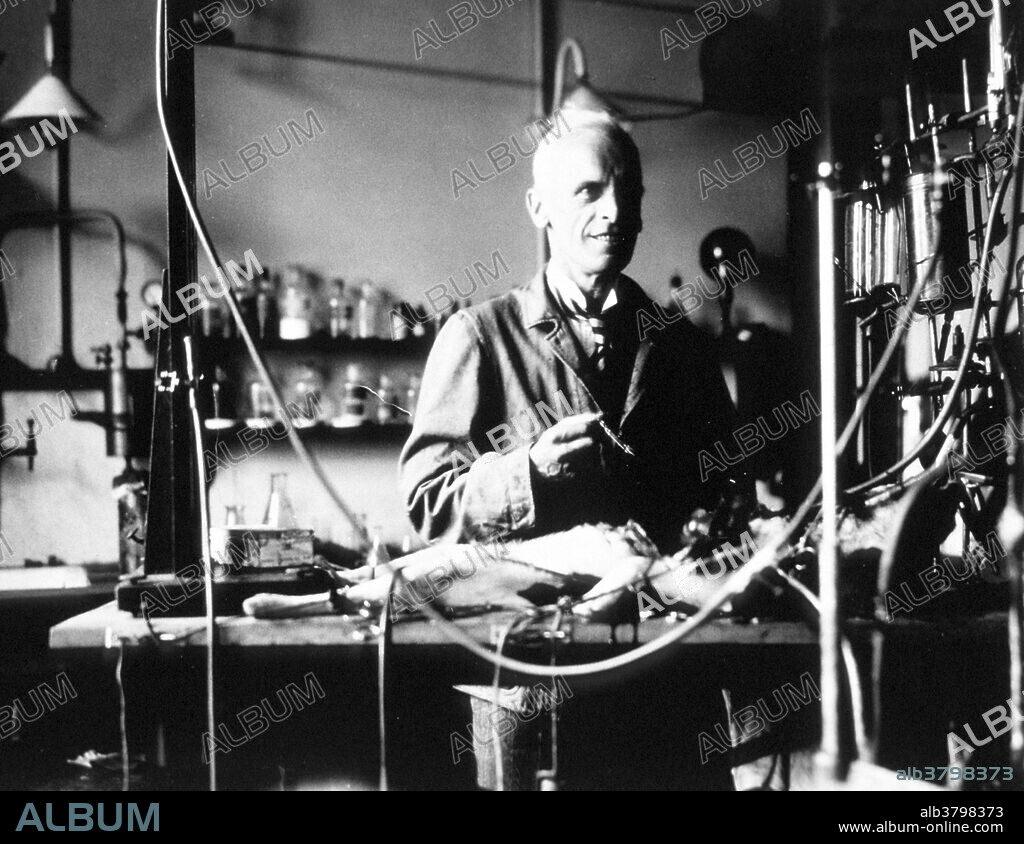 Starling in the midst of an experiment upon circulation with a dog. No date or location given. Ernest Henry Starling (1866-1927) was an English physiologist. His main collaborator was his brother-in-law, William Maddock Bayliss. His major contributions to physiology were: the Starling equation, describing fluid shifts in the body, the discovery of peristalsis (with Bayliss), the discovery of secretin, the first hormone (with Bayliss), the introduction of the concept of hormones and the discovery that the distal convoluted tubule of the kidney reabsorbs water and various electrolytes. Starling is most famous for developing the "Frank-Starling law of the heart", presented in 1915 and modified in 1919. He is also known for his involvement along with Bayliss in the Brown Dog affair, a controversy relating to vivisection.  He died in 1967 at the age of 61.