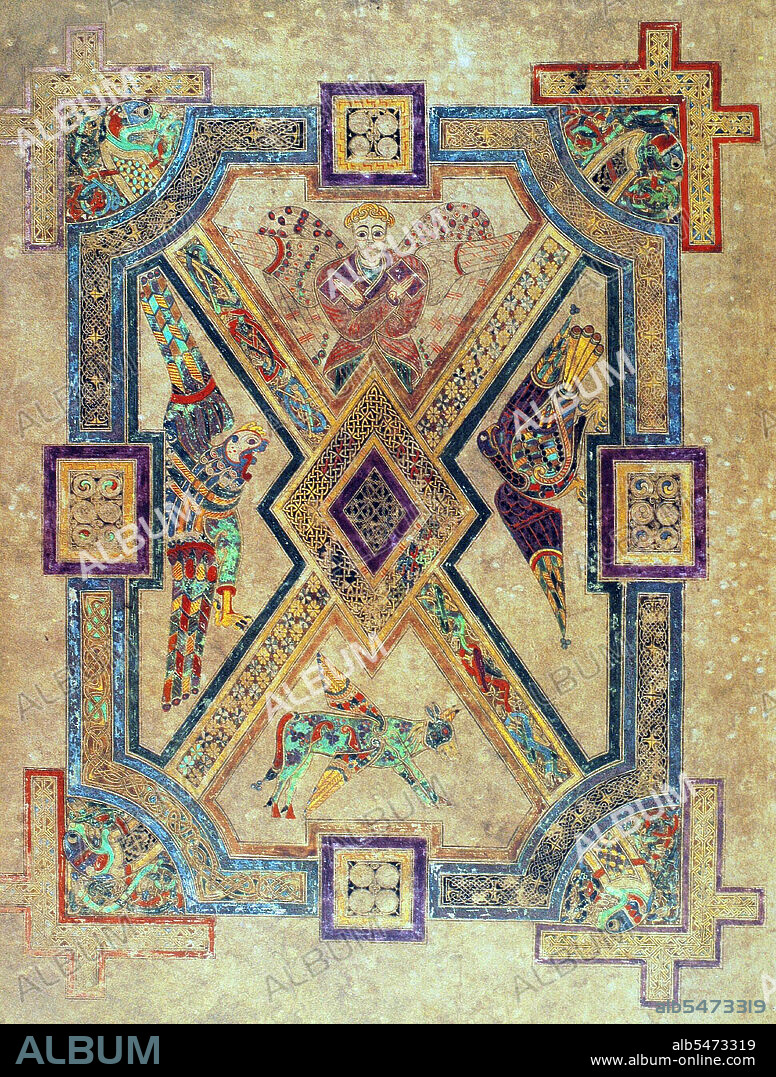 The Book of Kells (Irish: Leabhar Cheanannais) (Dublin, Trinity College Library, MS A. I. (58), sometimes known as the Book of Columba) is an illuminated manuscript Gospel book in Latin, containing the four Gospels of the New Testament together with various prefatory texts and tables. It was created by Celtic monks ca. 800 or slightly earlier. The text of the Gospels is largely drawn from the Vulgate, although it also includes several passages drawn from the earlier versions of the Bible known as the Vetus Latina. It is a masterwork of Western calligraphy and represents the pinnacle of Insular illumination. It is also widely regarded as Ireland's finest national treasure. The illustrations and ornamentation of the Book of Kells surpass that of other Insular Gospel books in extravagance and complexity. The decoration combines traditional Christian iconography with the ornate swirling motifs typical of Insular art. Figures of humans, animals and mythical beasts, together with Celtic knots and interlacing patterns in vibrant colours, enliven the manuscript's pages. Many of these minor decorative elements are imbued with Christian symbolism and so further emphasise the themes of the major illustrations. The manuscript today comprises 340 folios and, since 1953, has been bound in four volumes. The leaves are on high-quality calf vellum, and the unprecedentedly elaborate ornamentation that covers them includes ten full-page illustrations and text pages that are vibrant with decorated initials and interlinear miniatures and mark the furthest extension of the anti-classical and energetic qualities of Insular art. The Insular majuscule script of the text itself appears to be the work of at least three different scribes. The lettering is in iron gall ink, and the colours used were derived from a wide range of substances, many of which were imports from distant lands. The manuscript takes its name from the Abbey of Kells that was its home for centuries. Today, it is on permanent display at the Trinity College Library, Dublin.