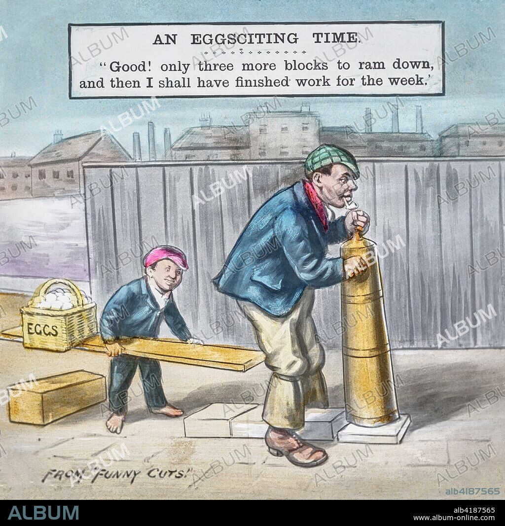Magic Lantern slide circa 1900 hand coloured. Victorian/Edwardian era. A cartoon from a magzine entitles Funny Cuts published 1903-1920. The slide/picture is entitle Eggsciting Times or Only three more blocks to ram down.