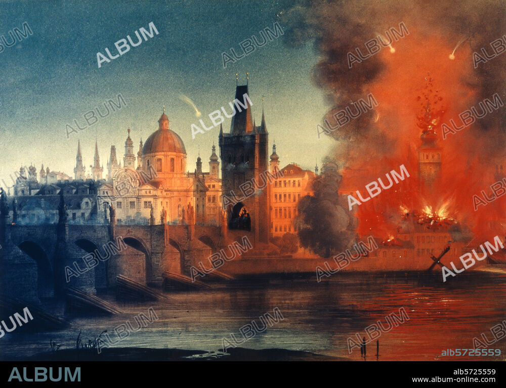Freiheitskämpfe in Böhmen 1848: Prager Juniaufstand 1848.-"Windischgraetz bombardiert Prag im Juni 1848" (Niederschlagung des Aufstands durch die Truppen unter Fürst Windischgraetz). Kreidelithographie, koloriert, um 1848. 33,6 x 45,8 cm. Inv.Nr.87.455.