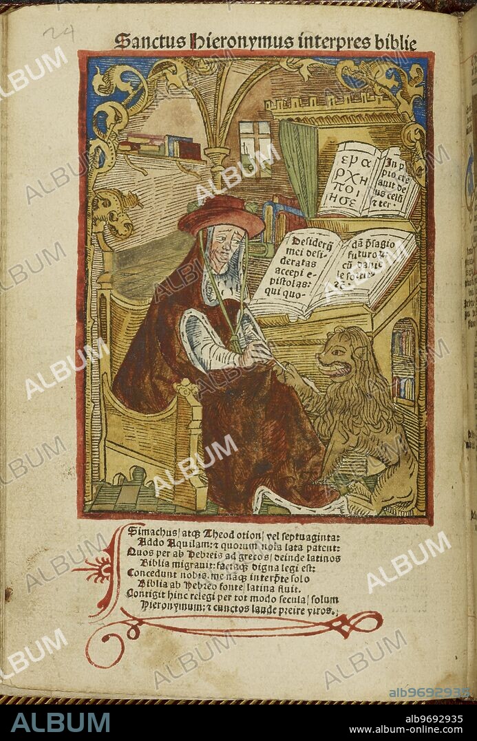 Saint Jerome (Latin name: Eusebius Sophronius Hieronymus), in his study, writing at his desk. A lion sits at his feet.