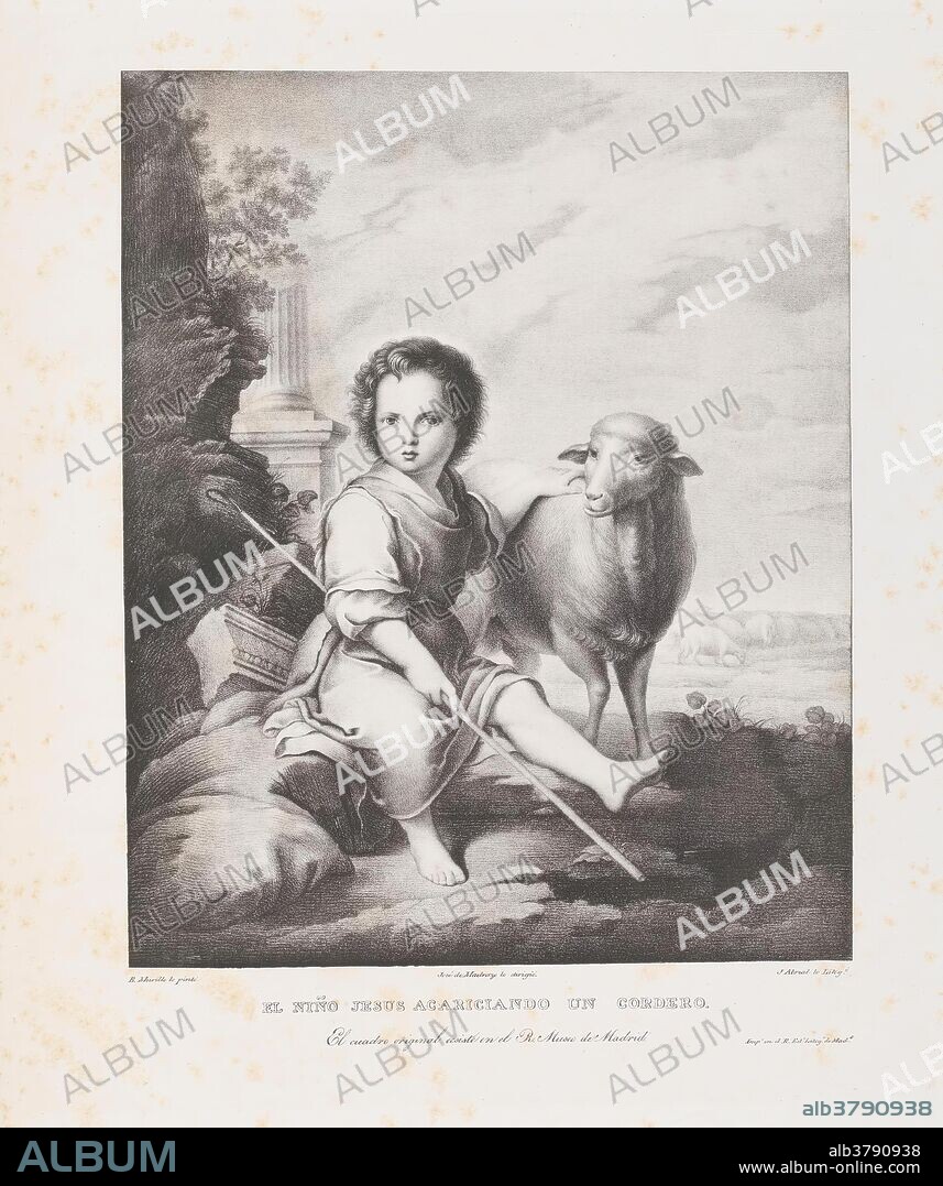 JOSE DE MADRAZO Y AGUDO y JOSÉ MARÍA AVRIAL Y FLORES. José María Avrial y Flores (Litógrafo) (Autor de la obra original Murillo, Bartolomé Esteban); José de Madrazo y Agudo (Director); Real Establecimiento Litográfico de Madrid (Impresor) / 'El Buen Pastor'. 1826 - 1829. Aguatinta litográfica, Litografía a lápiz, Litografía a pluma, Raspador sobre papel avitelado, 606 x 461 mm.