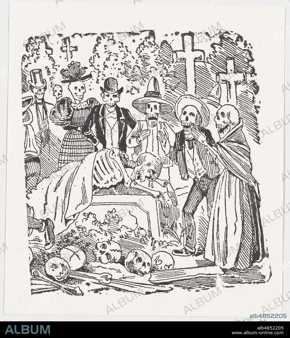 JOSE GUADALUPE POSADA. A skeleton covered with a sheet crying in a cemetery, from a broadside entitled ' Calavera llorando el hueso', ca. 1880-1910.