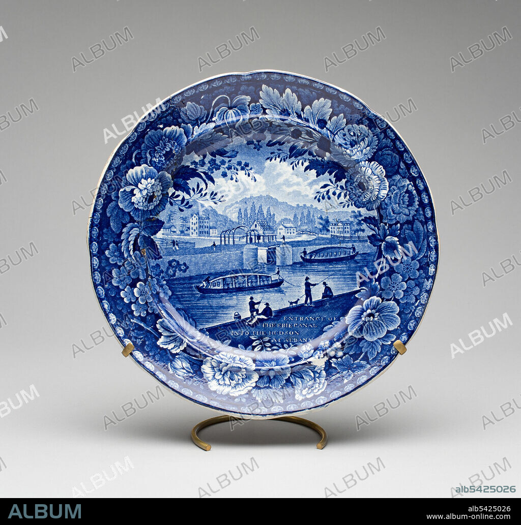 ENOCH WOOD & SONS. Plate, 1790/1818. 'Entrance of the Erie Canal into the Hudson at Albany'. Made in Burslem, Staffordshire, England for the American market.