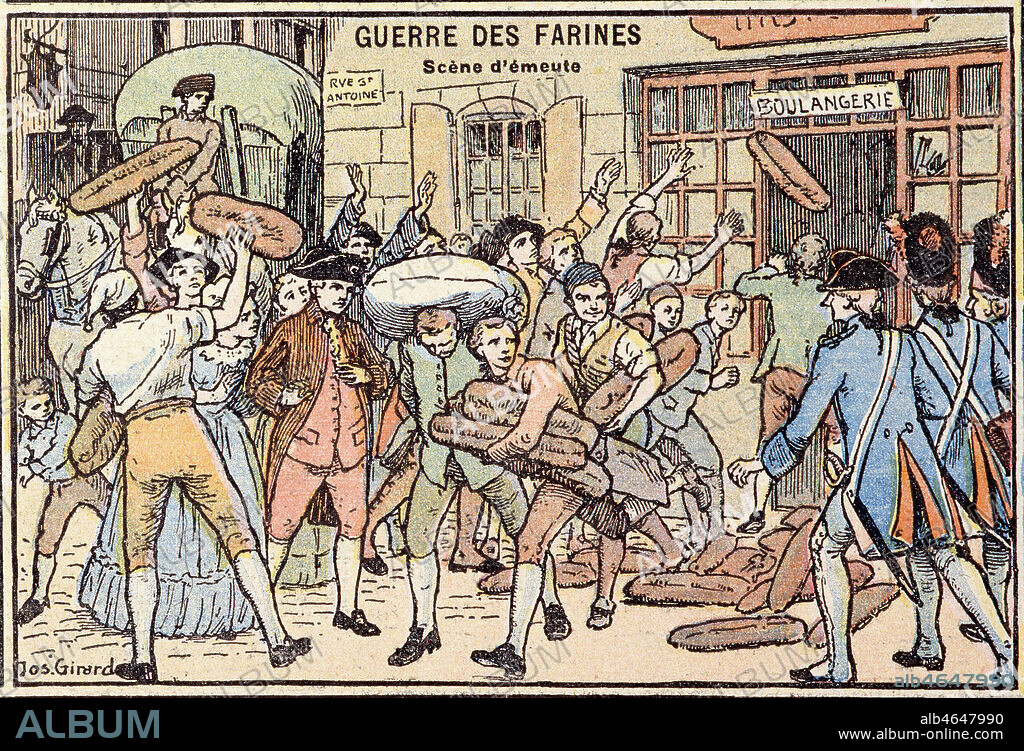 'Guerre des farines : scene d'emeute' en 1775. Illustration par Jos GIRARD tiree de l'Histoire de France publiee par la Maison de la Bonne Presse. Credit : Collection KHARBINE-TAPABOR.