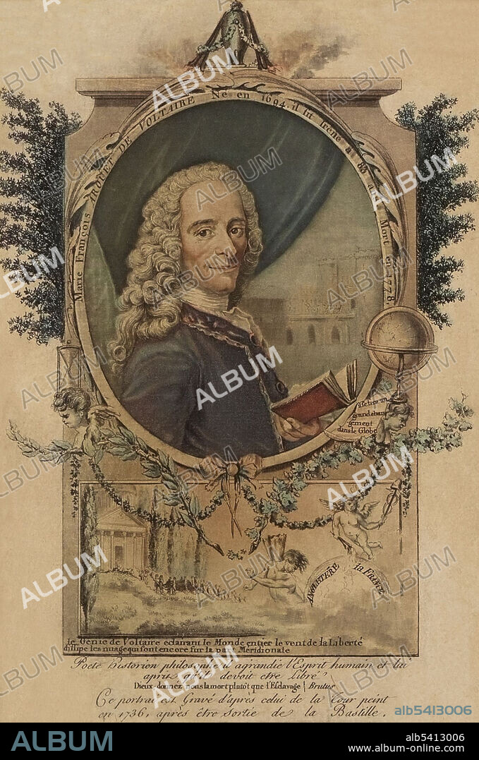 Francois-Marie Arouet (November 21, 1694 - May 30, 1778), AKA Voltaire, was a French Enlightenment writer, historian and philosopher famous for his wit, his attacks on the established Catholic Church, and his advocacy of freedom of religion, freedom of expression, and separation of church and state. Voltaire was a versatile writer, producing works in almost every literary form, including plays, poems, novels, essays, and historical and scientific works. He wrote more than 20,000 letters and more than 2,000 books and pamphlets and frequently made use of his works to criticize intolerance, religious dogma, and the French institutions of his day. Aquatint, no artist credited, undated (cropped and cleaned).