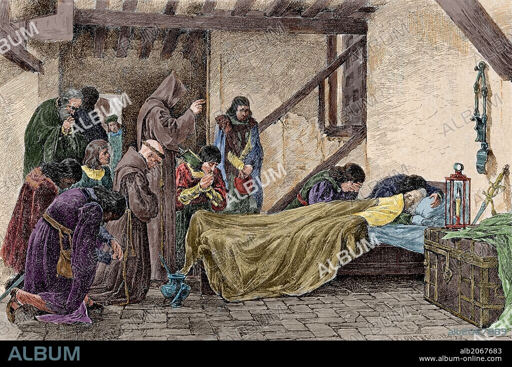 Christopher Columbus (1451-1506). Explorer and navigator genoese. Death of Columbus. Engraving by N. Vazquez after a painting of Francisco Ortego. The Artistic Illustration, 1892. Colored.