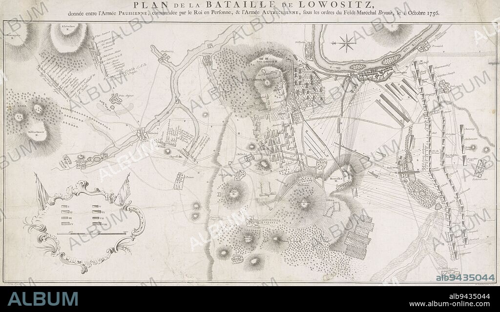 Military map of Lobositz Czech Republic showing the battle of 1 October 1756 between the Prussians and the Austrians This battle was the opening battle of the Seven Years' War 1756-1763, Military Map of Lobositz Plan de la Bataille de Lowositz , Jacob van der Schley, (mentioned on object), intermediary draughtsman: de Oebschelwitz, (mentioned on object), publisher: Pieter de Hondt, (mentioned on object), Amsterdam, publisher: The Hague, 1758, paper, etching, h 651 mm × w 464 mm.