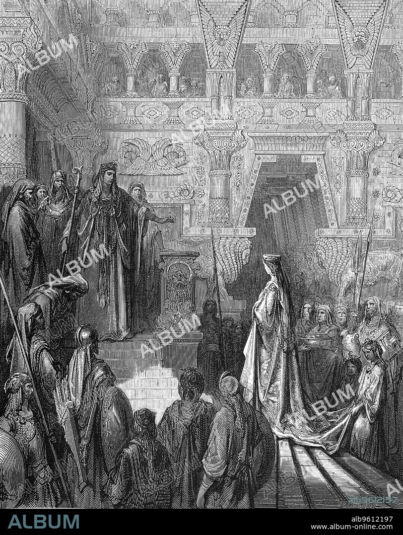 GUSTAVE DORé. King Solomon welcoming the Queen of Sheba, 1865-1866. From Gustave Dore's illustrated Bible (I Kings10:2).