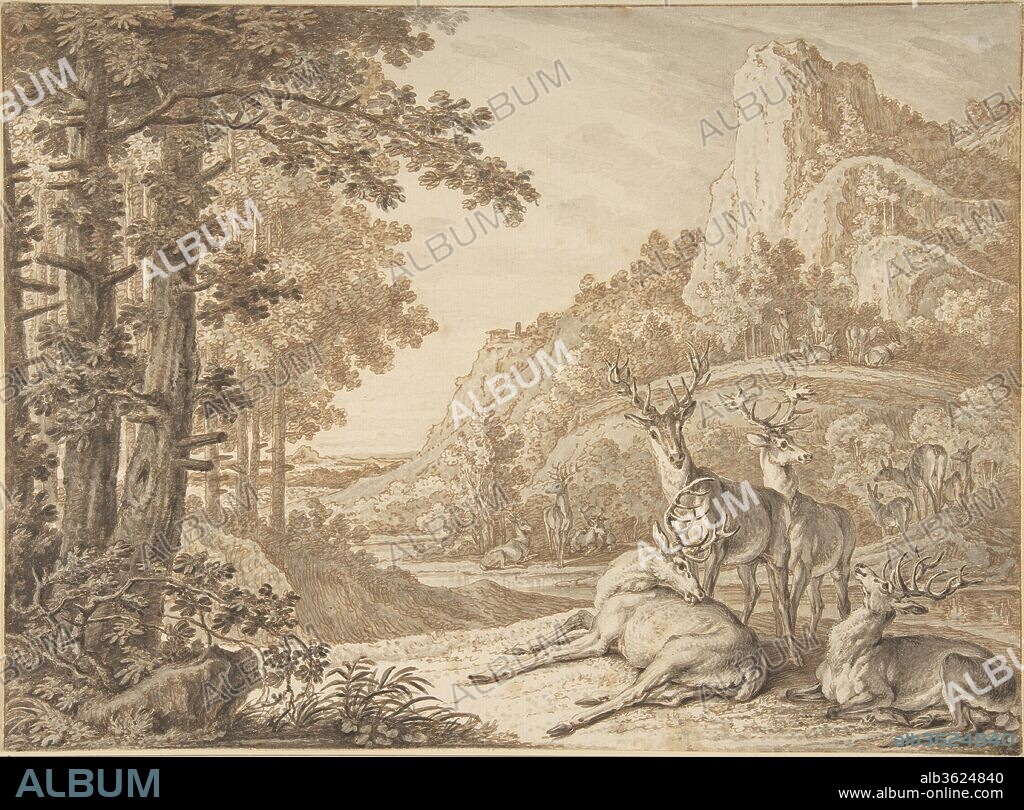 Stags in a Landscape. Artist: Johann Elias Ridinger (German, Ulm 1698-1767 Augsburg). Dimensions: 9 3/4 × 13 1/4 in. (24.8 × 33.7 cm). Date: early to mid-18th century.
Ridinger was the eighteenth-century German animalier par excellence. In over 1200 drawings he depicted many representatives of the animal kingdom, as well as animal tales. His father, a scribe, who modelled small equestrian and animal figures in his spare time, might have spurred his son's interest in these subjects. Most of Ridinger's drawings were preparatory for prints. Of this striking and effective composition, however, no engraving has been found. Perhaps that it was intended to be made into an engraving that was never executed. In any case, its striking pictorial effects allow it to stand equally well on its own as a finished composition.
Ridinger was a prolific draftsman, engraver and publisher, based in Augsburg, who produced mainly animal subjects. This lively composition is deftly executed in pen, with a variety of lines used to differentiate between the textures of leaves, rocks and bark. Layers of gray and brown wash indicate shade and suggest distance. The artist's knowledge of animal anatomy and movement is evident in the range of poses he selected for the small herds of deer placed throughout the hilly landscape. Those in the foreground, lift their heads, as though sensing an intruder, while more distant animals feed and rest undisturbed.