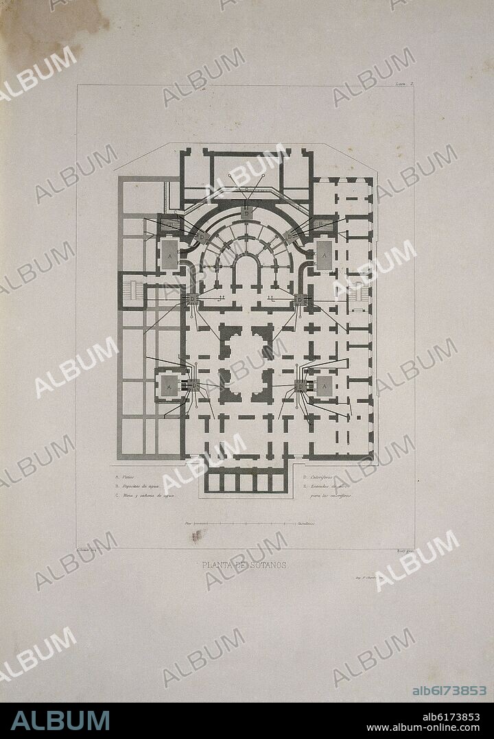 NARCISO PASCUAL Y COLOMER. PLANO DE LA PLANTA DE SOTANOS DEL CONGRESO DE LOS DIPUTADOS - GRABADO - SIGLO XIX.
