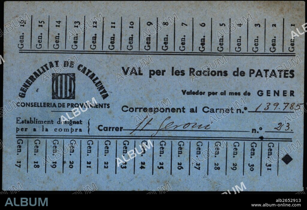 Guerra civil española. 1936-1939. Vale de racionamiento de patatas emitido por la Conselleria de Proveïments de la Generalitat de Catalunya.