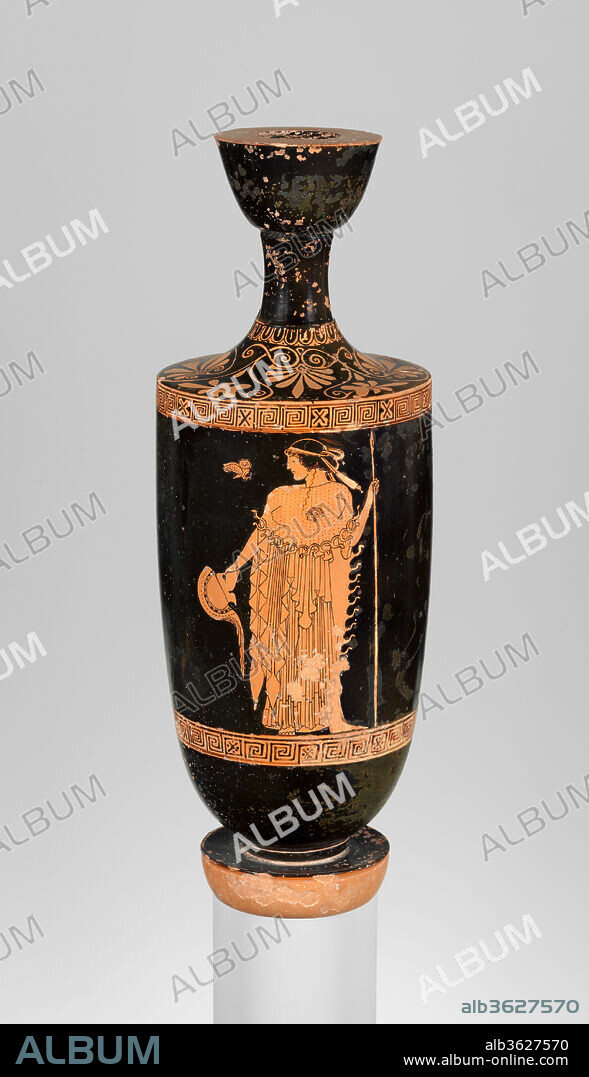 Terracotta lekythos (oil flask). Culture: Greek, Attic. Dimensions: H. 12 7/8 in. (32.7 cm)
diameter  4 5/8 in. (11.7 cm). Date: ca. 490-480 B.C..
Athena holding spear and helmet, owl at left.
