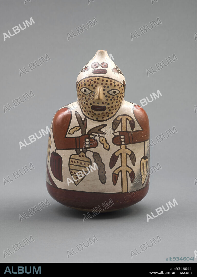 Spout and Bridge Vessel in the Form of a Male Figure, Nasca, Early Intermediate period, c.200 BCAD 600, c.100300, Ceramic with pigment, Made in Perú, South America, Ceramics, containers, 8 x 4 3/4 x 5 1/2 in. (20.3 x 12.1 x 14 cm).