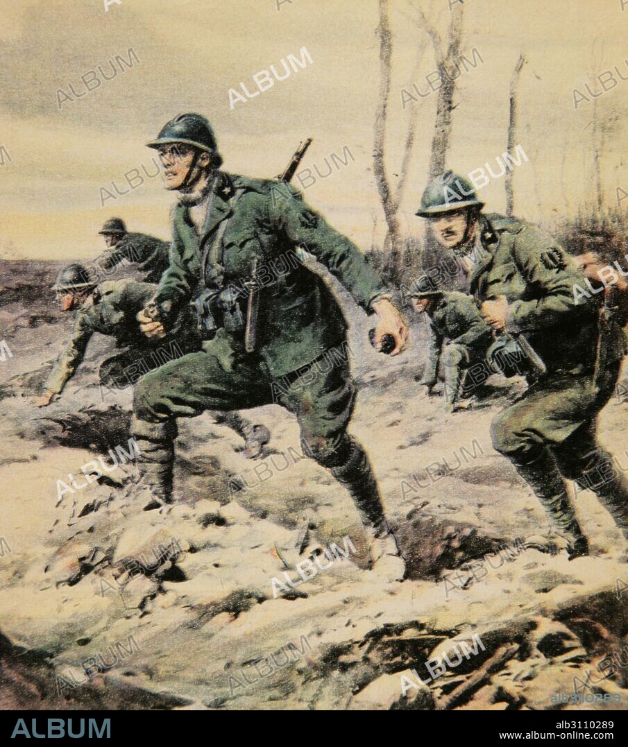 PRIMERA GUERRA MUNDIAL (1914-1916). Patrullas en el campo de batalla. 1918. Grabado. Color. La Domenica del Corriere, Italia. Siglo XX.