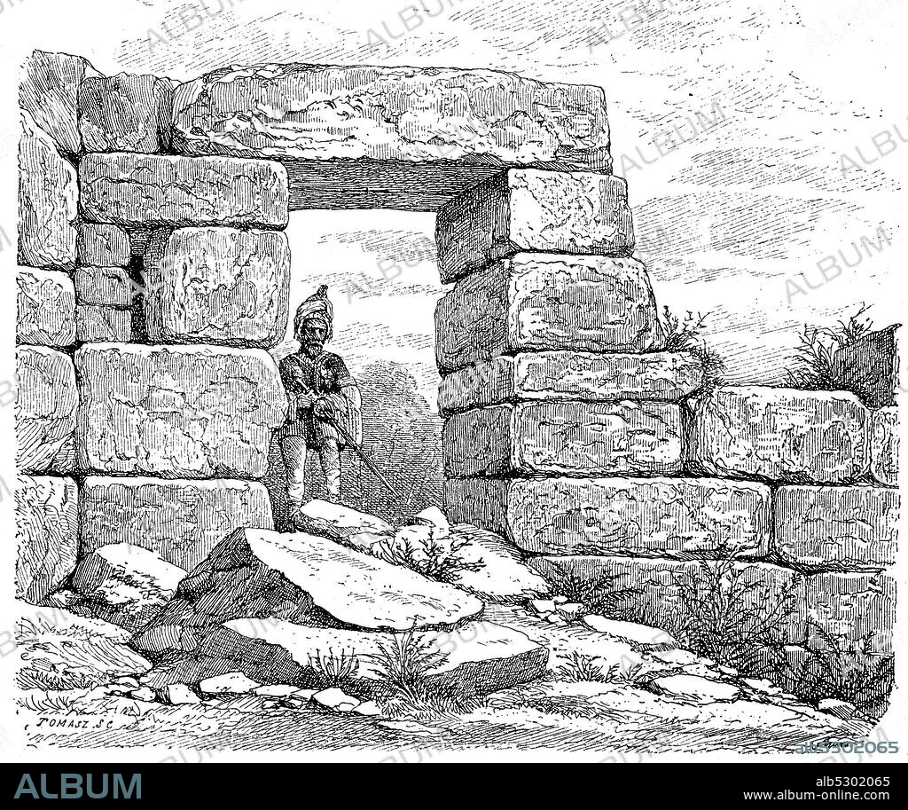 Wall of Leleges at Tasos in Caria, Leleges, Leleges was in antiquity refers to a population of Greece and Asia Minor, Caria is an ancient country in southwestern Asia Minor in modern Turkey and was in ancient times an independent kingdom  /  Mauer der Leleger bei Tasos in Karien, Leleger, Leleges, wurde in der Antike eine Bevölkerung Griechenlands und Kleinasiens bezeichnet, Karien ist eine antike Landschaft im Südwesten Kleinasiens in der heutigen Türkei und war im Altertum ein selbständiges Königreich, Historisch, historical, digital improved reproduction of an original from the 19th century / digitale Reproduktion einer Originalvorlage aus dem 19. Jahrhundert,.