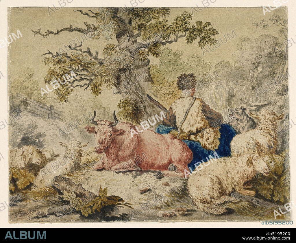 Seated Shepherd, Jean-Baptiste Marie Huet, (French, 17451811), Brush and water colors, pen and black ink on paper, Center right, shepard seated with his back turned to viewer surrouned by four sheep, one cow, and one dog. Center, large tree. Wood fence in the distance., France, 19th century, figures, Drawing, Drawing.