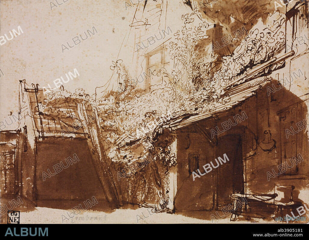 HARMENSZOON VAN RIJN REMBRANDT. Dutch Farmhouse in Light and Shadow. Date/Period: 1635 - 1636. Drawing. Pen and brown ink, brown wash pen and brown ink, brown wash. Height: 162 mm (6.37 in); Width: 225 mm (8.85 in).