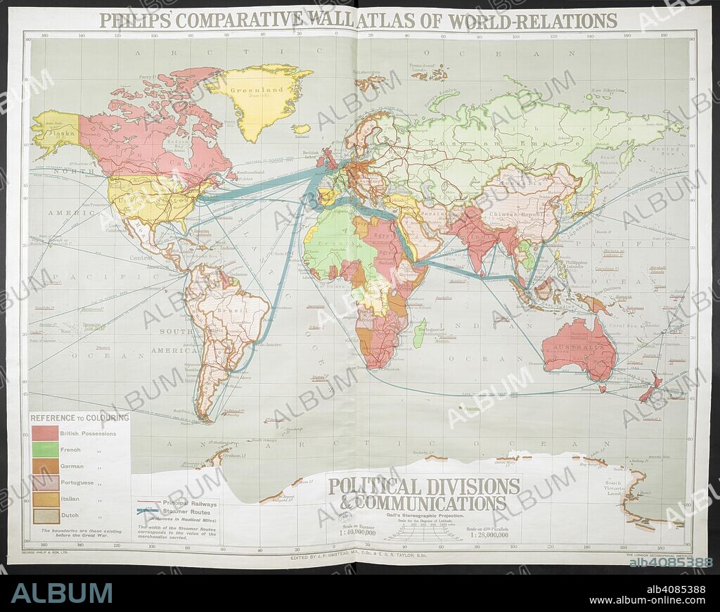 A map of the world . Philips' Comparative Series of Wall Atlases. World relations. Relief of Land. (Political Divisions & Communications. Climate, May 1--Oct. 31. Climate Nov. 1--April 30. Temperature. Annual Rainfall and Range of Temperature with July Currents. Natural Vegetation with January Currents. Density of Population.) Edited by J.F. Unstead ... & E.G.R. Taylor ... With explanatory Handbook, etc. London : G. Philip & Son, 1916. Source: Maps 151.ee.2, map 2. Language: English.
