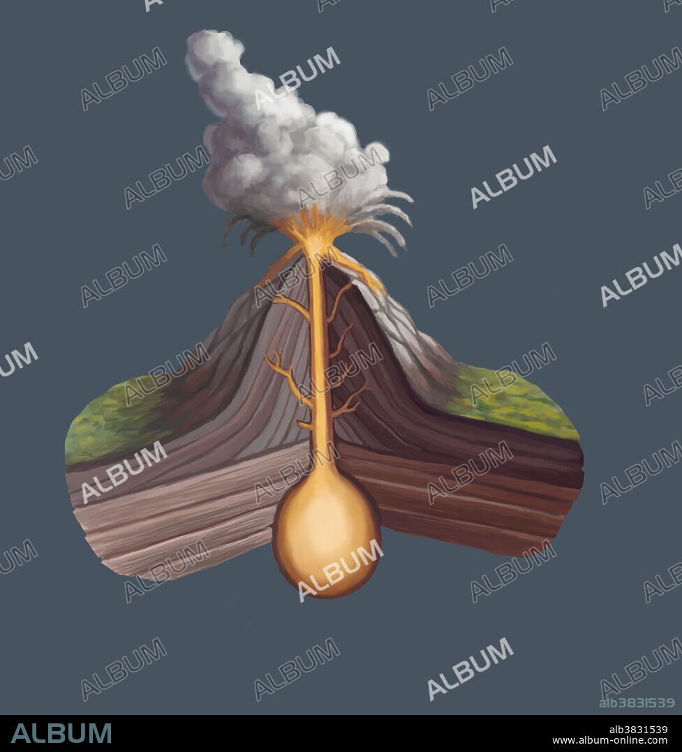 Illustration of the volcanic structure. A volcano is an opening in a planet's crust which allows hot magma, volcanic ash, and gases to escape from the magma chamber below the surface. At the top of the volcano materials like, ash, lava, and other pyroclastics are released. Layers of lava alternate with layers of ash to build a steep sided cone on top of the earth's crust.