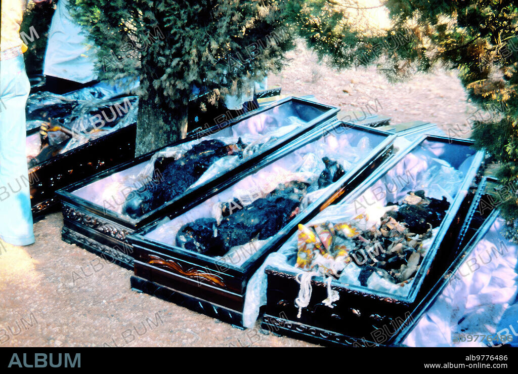 July 10, 1978. Explosion of a tanker truck transporting Propylene in front of the "los Alfaques" Camping in San Carlos de la Rapita (Tarragona). In the Image, the Coffins of Several of the Victims.