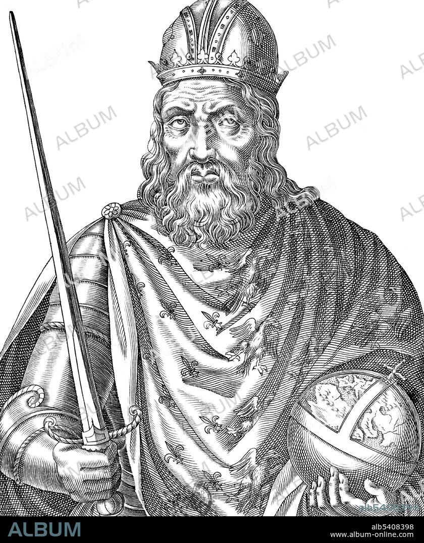 Charlemagne (742-814 AD) was King of the Franks (68-814) and the first Holy Roman Emperor (800-14). He conquered Italy and was crowned Imperator Augustus by Pope Leo III in Rome. His rule is also associated with the Carolingian Renaissance, a revival of art, religion, and culture through the medium of the Catholic Church. Through his foreign conquests and internal reforms, Charlemagne helped define both Western Europe and the European Middle Ages. Charlemagne had 18 children over the course of his life with 8 of his 10 known wives or concubines. In 1814 he fell ill with pleurisy and died at the age of 72. No artist credited, undated (cropped and cleaned).