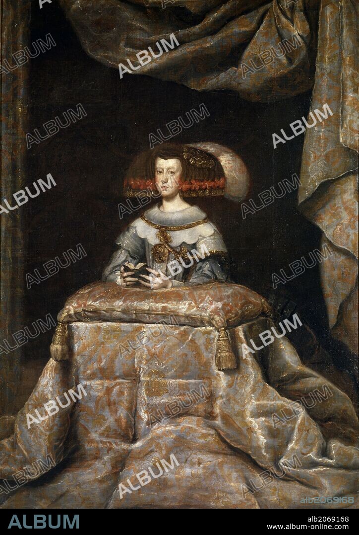 DIEGO VELÁZQUEZ (taller). Diego Rodríguez de Silva y Velázquez (Taller de) / 'Mariana de Austria, reina de España, orante', Hacia 1655, Escuela Española, Óleo sobre Lienzo, 209 cm x 147 cm, P01222.