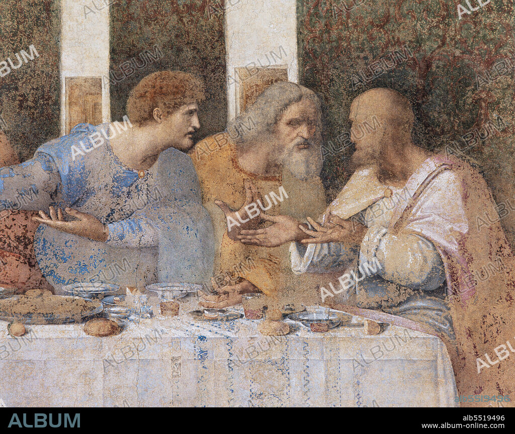 Basilica of Santa Maria delle Grazie, Cenacolo Vinciano: "The Last Supper", Leonardo da Vinci, fresco, 1495-1497. Detail of the right side with Matthew, Judas the Apostle and Simon.