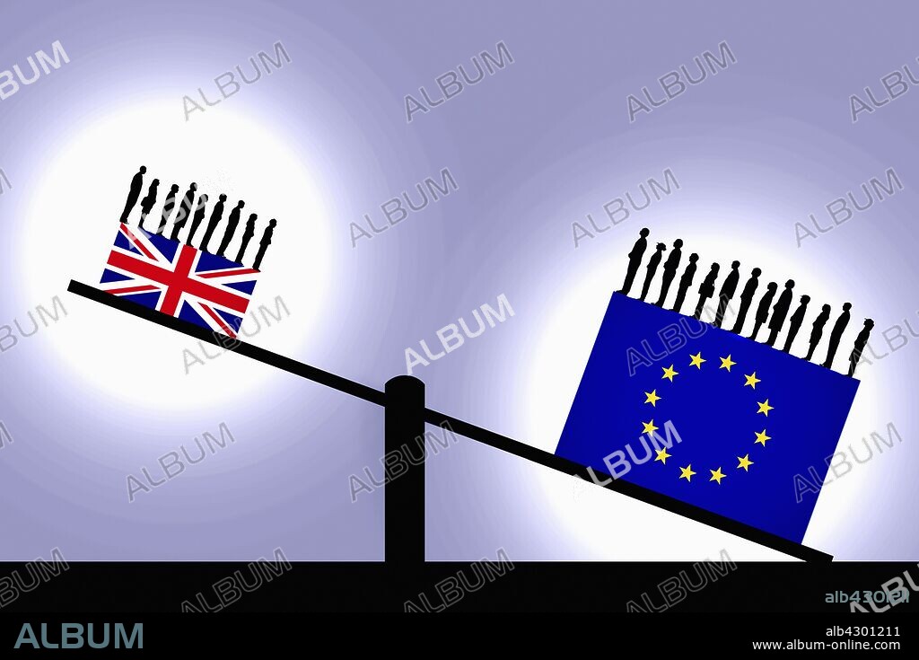 Large European Union flag opposite small Union Jack on seesaw.