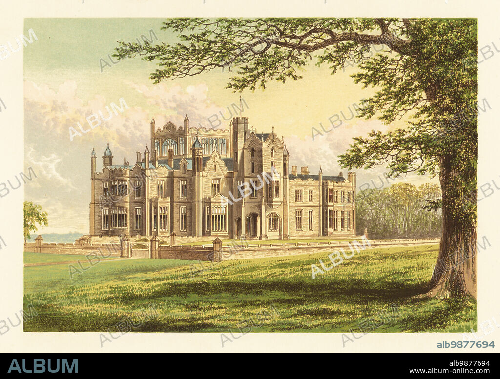 Allerton Park or Allerton Castle, Yorkshire, England. Tudor-Gothic style house built by architect George Martin in 1843-53 for William Stourton, 18th Baron Stourton. Colour woodblock by Benjamin Fawcett in the Baxter process of an illustration by Alexander Francis Lydon from Reverend Francis Orpen Morriss Picturesque Views of the Seats of Noblemen and Gentlemen of Great Britain and Ireland, William Mackenzie, London, 1880.