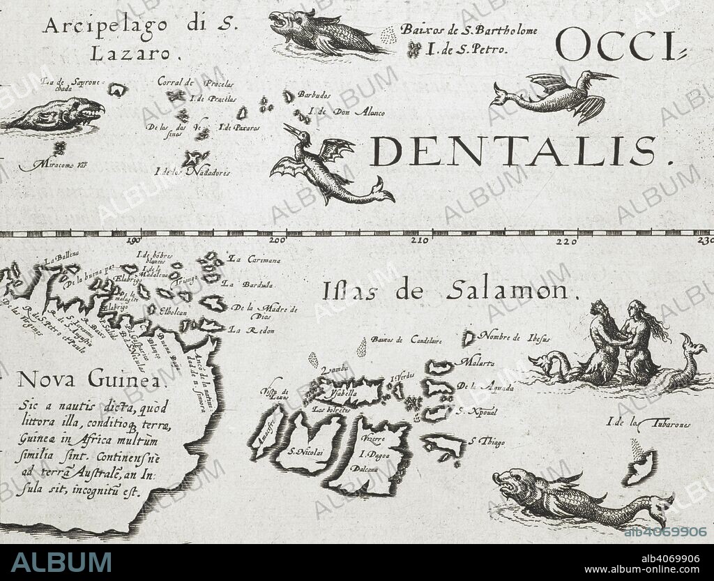 Various sea monsters, including a fish-bird (upper centre illustration). Speculum orbis terrarum. AntverpiÃ¦, Cornelis de Jode, 1593. Source: Maps C.7.c.13, page 26v. Language: Latin.