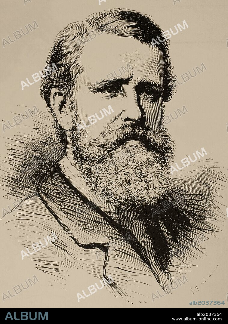 Verney Lovett Cameron (1844-1894). Explorador británico famoso por su expediciones en África. Fue el primer hombre en cruzar el África Ecuatorial del océano Índico al océano Atlántico. Grabado de "L'Illustration. Journal Universel", año 1876.