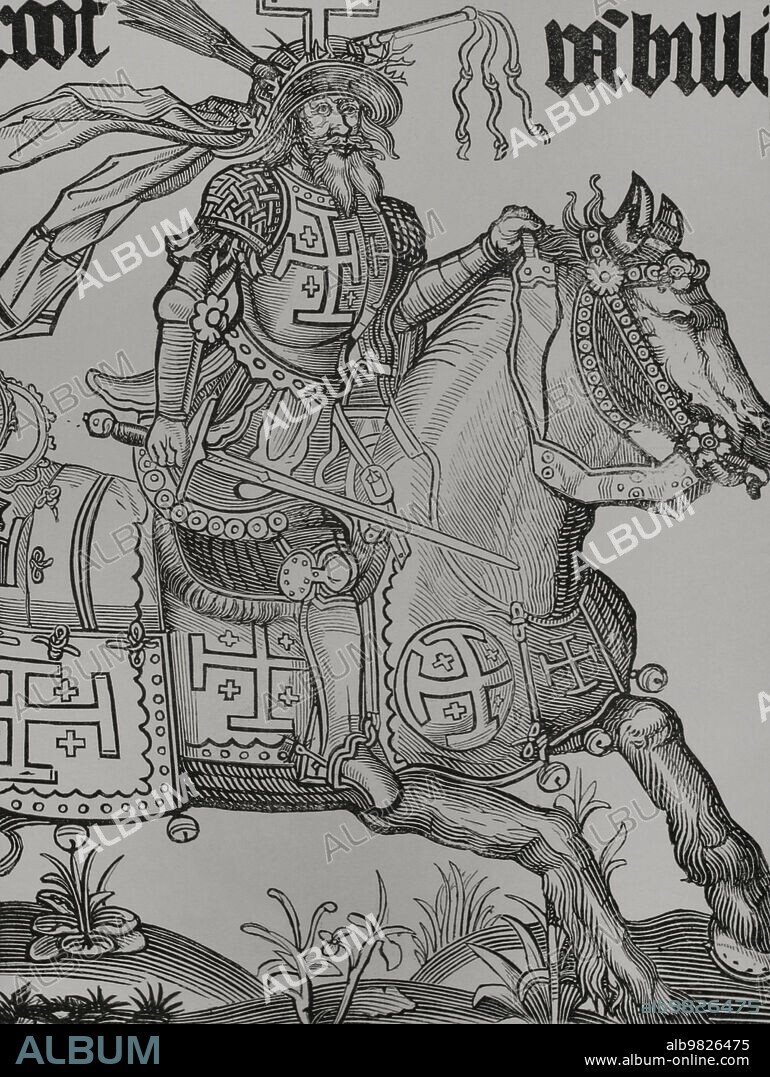 Godofredo de Bouillón (1060-1100). Líder militar durante la Primera Cruzada. Primer gobernante del Reino de Jerusalén (1099-1100), eligiendo para su mandato el título de "Defensor del Santo Sepulcro". Retrato ecuestre. Facsímil de un grabado del siglo XV. "Vie Militaire et Religieuse au Moyen Age et à l'Epoque de la Renaissance". parís, 1877.