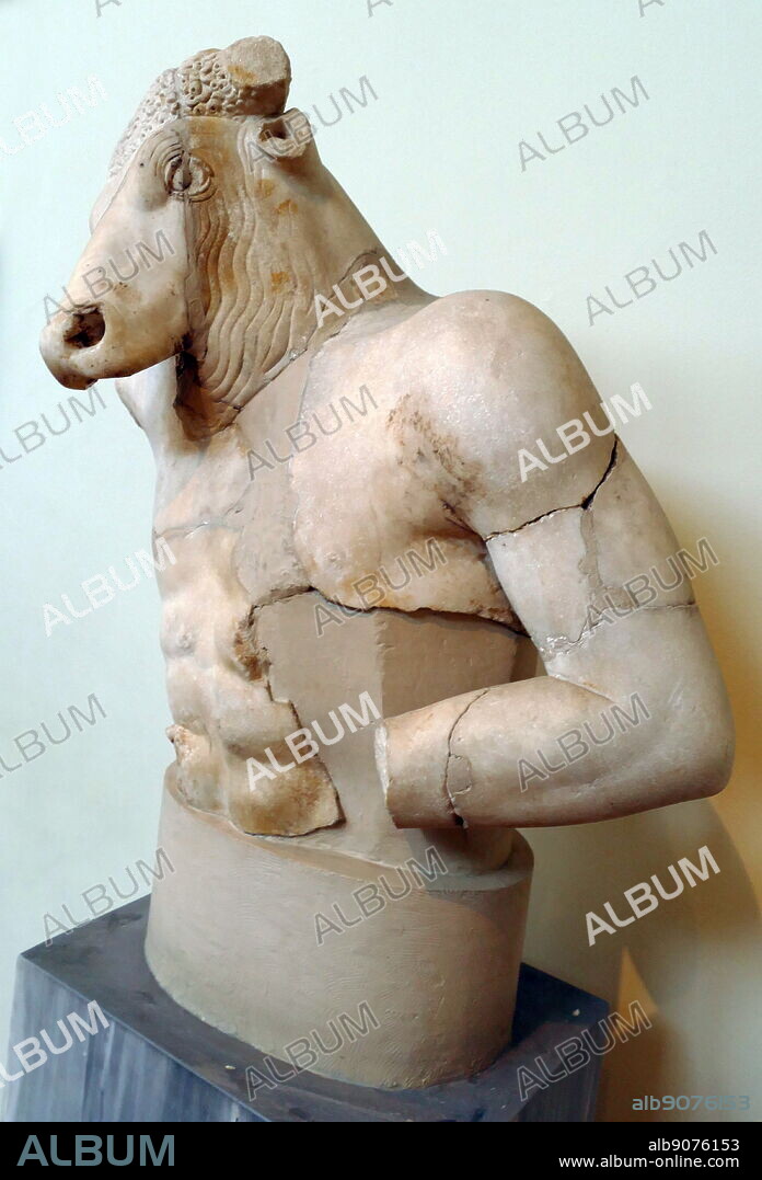 Bust of the Minotaur; 5th century BC, Marble statue. Found in the Plaka Athens. erected on a fountain in Athens near St Demetrios Katephoris in Plaka. It is a Roman copy of the famous, lost statuary group attributed to Myron erected on the acropolis that represented Theseus fighting the Minotaur. National Archaeological Museum, Athens.