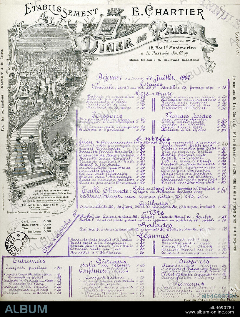 Menu du dejeuner du mardi 22/07/1902 au restaurant Bouillon Chartier, 12 boulevard Montmartre a Paris. Credit: Coll. BHVP-Grob/KHARBINE-TAPABOR.
