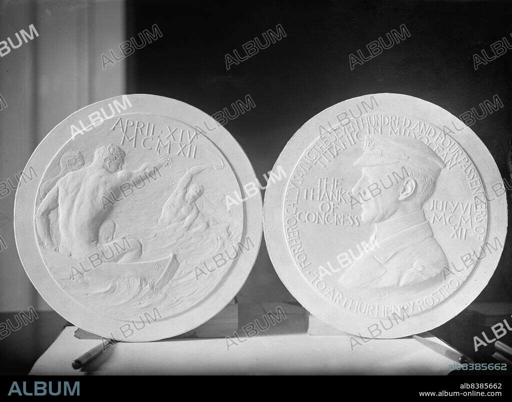 HARRIS & EWING. Medals, Decorations, Etc. - Medal Presented By President To Captain A. Rostron, Rescuer of Survivors of 'Titanic', 1912. [Maquette of Congressional Gold Medal awarded to British merchant seaman Arthur Rostron, captain of the ocean liner RMS Carpathia who rescued hundreds of survivors from the RMS Titanic after it hit an iceberg and sank in 1912 in the middle of the North Atlantic Ocean. 'To Arthur Henry Rostron - For Heroically Saving the Seven Hundred and Four Passengers of The Titanic in Mid-Ocean - The Thanks of Congress - July MCMXII].