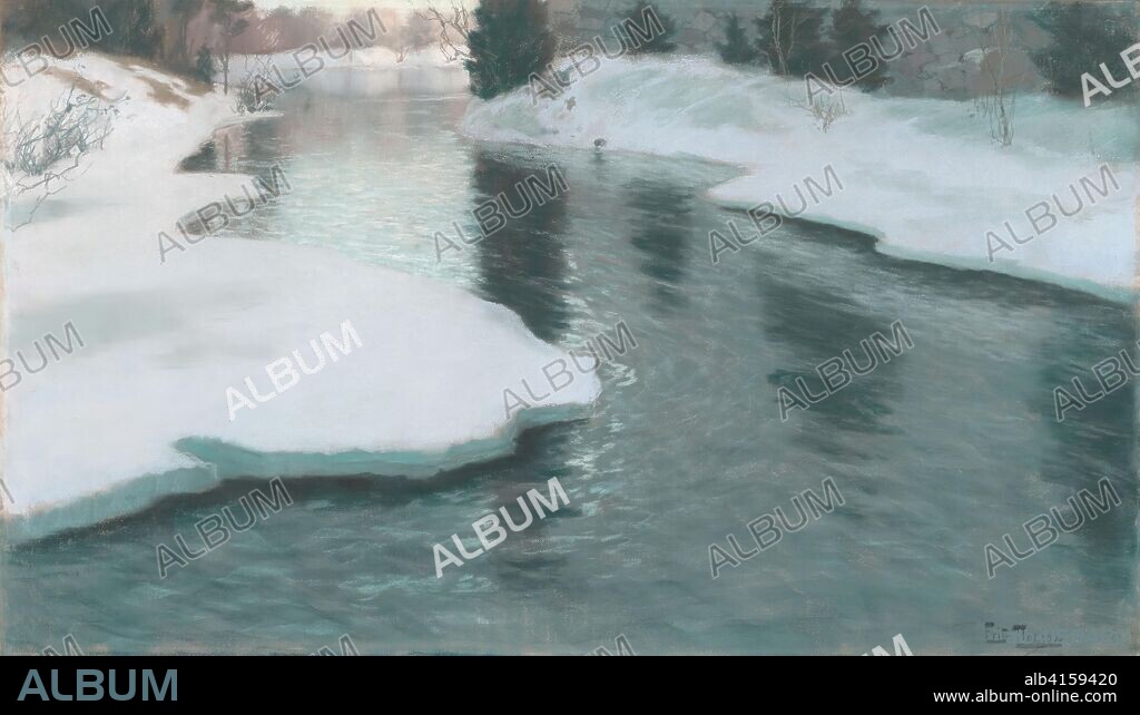 FRITZ THAULOW. Melting Snow. Frits Thaulow; Norwegian, 1847-1906. Date: 1887. Dimensions: 546 x 946 mm. Pastel on tan wove paper, laid down on canvas and wrapped around a strainer. Origin: Norway.