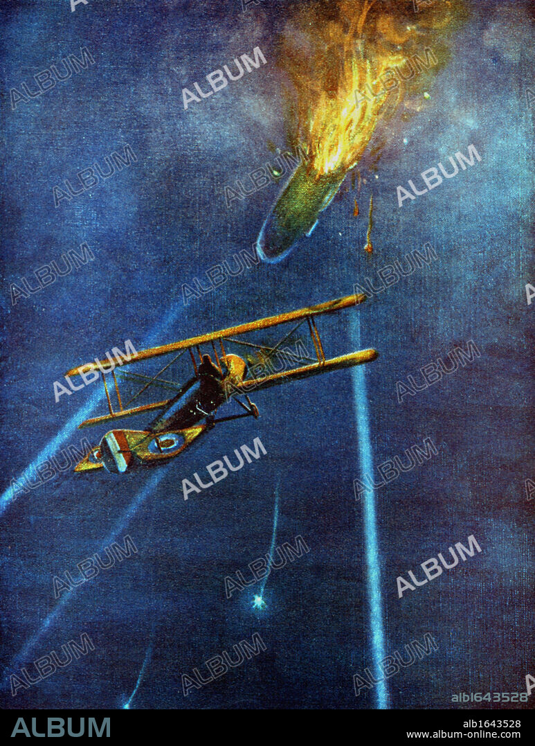 Zeppelin airship shot down by Leefe Robinson at Cuffley near London, England September 1916. Illustration published c1920.