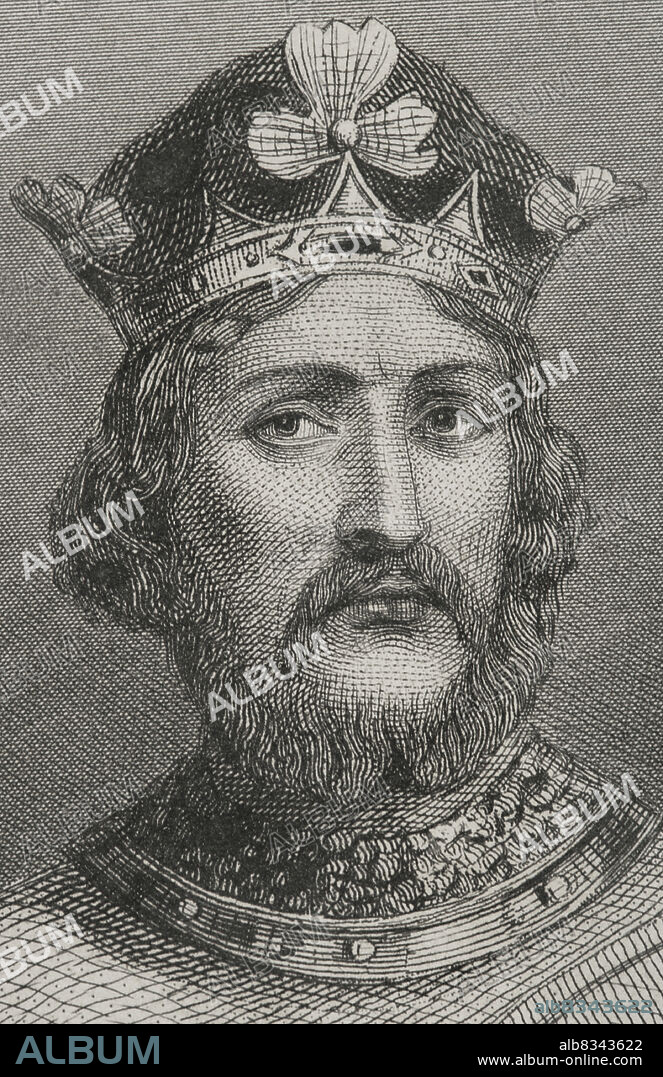 Ricardo I de Inglaterra (1157-1199). Rey de Inglaterra (1189-1199). Conocido como Ricardo Corazón de León. Casa de Plantagenet. Retrato. Detalle. Grabado. Historia Universal, por César Cantú. Tomo III, 1855.