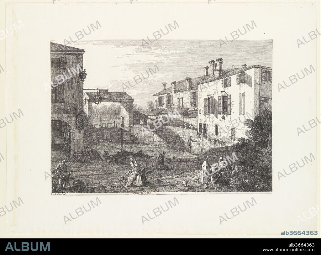 The Locks at Dolo, an oval-shaped basin with boats at center, buildings on either side, a fruit vendor and groups of figures in the foreground, from 'Views' (Vedute altre prese da i luoghi altre ideate da Antonio Canal). Artist: Canaletto (Giovanni Antonio Canal) (Italian, Venice 1697-1768 Venice). Dedicatee: Joseph Smith (British, ca. 1674-1770). Dimensions: Plate: 11 3/4 × 16 7/8 in. (29.9 × 42.9 cm)
Sheet: 17 5/8 × 23 9/16 in. (44.7 × 59.9 cm). Series/Portfolio: 'Views' (Vedute altre prese da i luoghi altre ideate da Antonio Canal). Date: 1735-46.