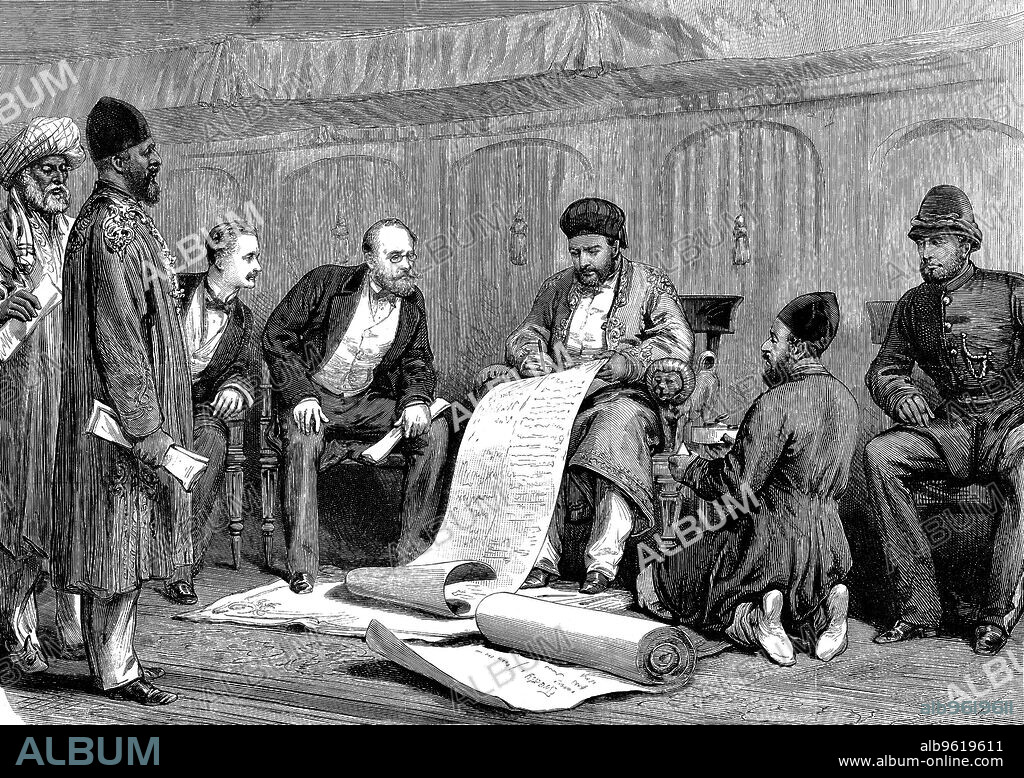 Second Anglo-Afghan War (1878-1880): Yakub (Yakoob) Khan, Afghan ruler, and Major Louis Cavagnari, the British negotiator, signing the Treaty of Gundamuk, 26 May 1879.